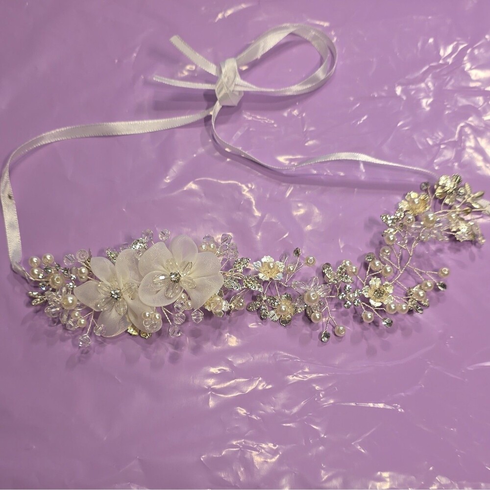 Bridal Floral Pearl Crystal Metal Headband with Ribbon Tie, White/Silver